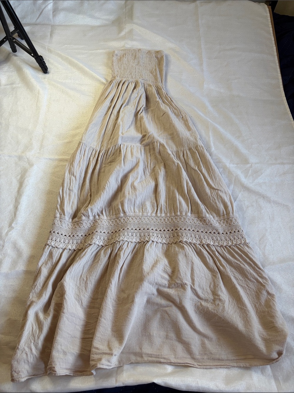 100% Peruvian Cotton Seaspice Bliss Strapless Tiered Maxi dress in Beige